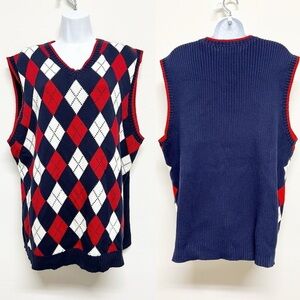 Tommy Hilfiger Mens Y2K Vintage Red Blue White Knit Argyle Sweater Vest Size XL